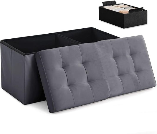 HAUSFRAU Ottoman with Storage Bench Folding Foot Rest Stool Velvet Ashgrey | 31.5", Flip Lid, Small Upholstered Foldable Footrest Footstool, Bedroom Bench, Living Room Dorm Ottoman, Rectangle