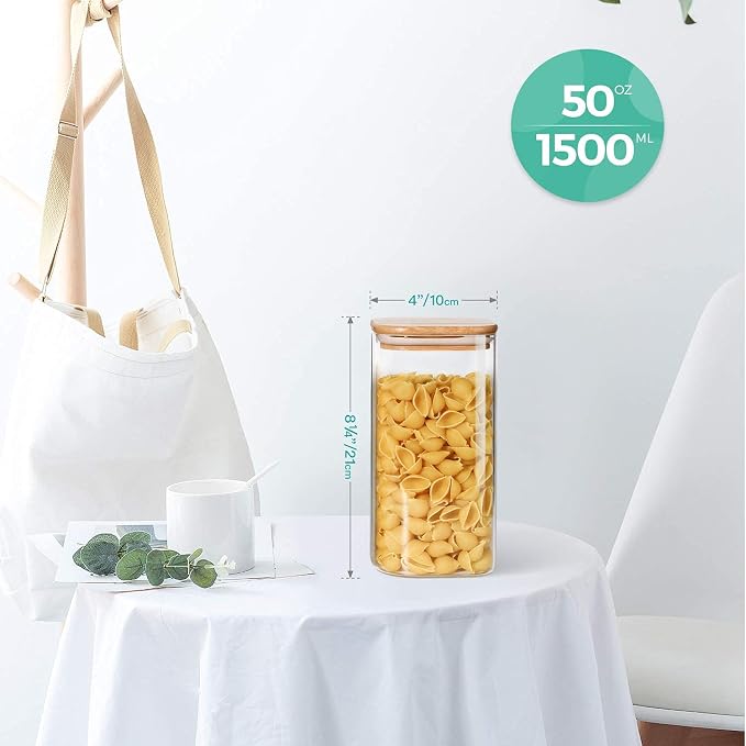 ComSaf Glass Storage Containers wtih Lids 1.6 Qt, Set of 3 Food Storage Jar | Square Kitchen Canisters, Glass Pantry Jars, Pantry Organizers, Dry Food Storage, Tea, Oat, Spice, Coffee, 51oz, BPA Free