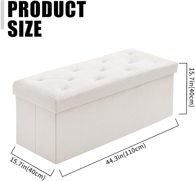 BRIAN & DANY 43 Inches Folding Storage Ottoman Bench, Velvet Ottoman with Storage for Living Room, Bedroom, Entryway, Ottoman Foot Rest, End of Bed Bench (White)