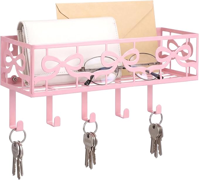 Hicarer Pink Bow Key Holder Wall Mount with Basket and 5 Hooks Decorative Cute Coquette Bow Hooks Hanger Pink Key and Mail Organizer Coquettish Preppy Decor for Entryway Home Apartment Dormitory