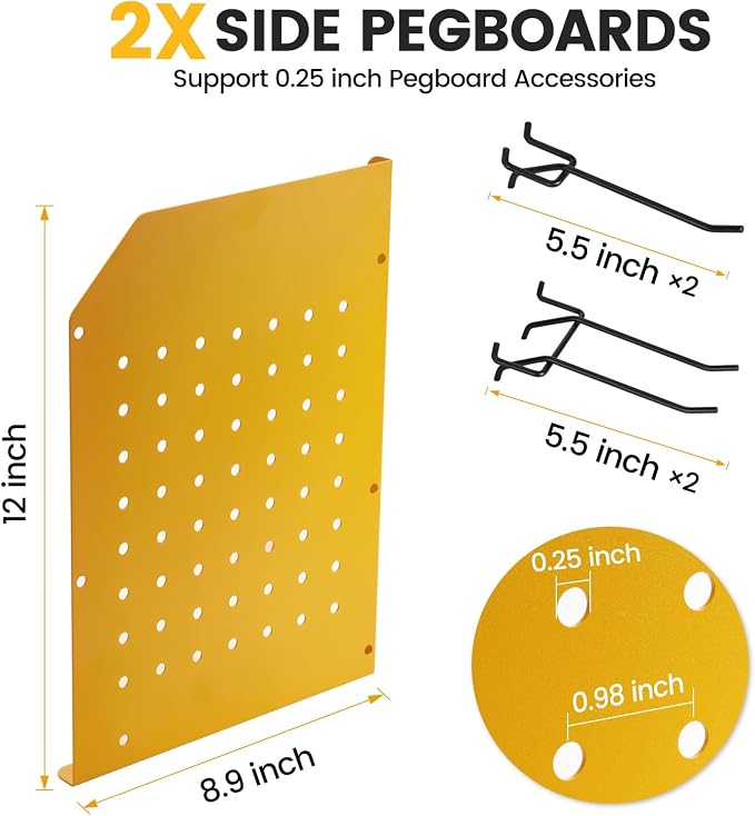 TRZZ Power Tool Organizer Wall Mount, 3-Layer Drill Rack, Yellow | 2 Side Pegboards, 4 Hooks, Cordless Drill Holder, Efficient Storage, for Workshop, Garage, Tool Room