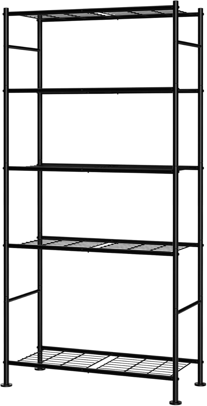Sakugi Storage Shelves - 5 Tier Shelf Organizer, Sturdy Metal Garage Shelving with Adjustable Leveling Feet, Space-Saving Shelves Organizer for Pantry, Laundry, Kitchen (32" x 12" x 71", Black)