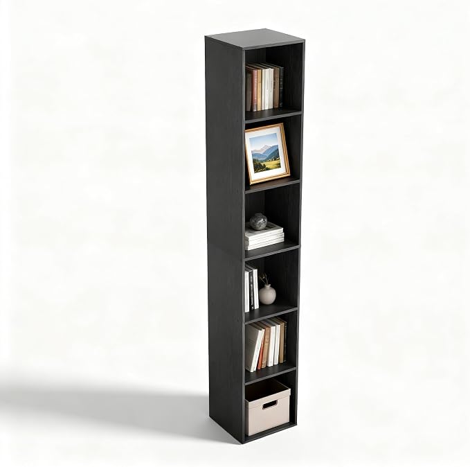 6 Cube Storage Organizer, Narrow Open Shelf Bookcase, Freestanding 6 Cube Storage Shelf, Moisture-Proof Scratch-Resistant Melamine Display Shelf for Bedroom, Living Room, Study, Home，Black