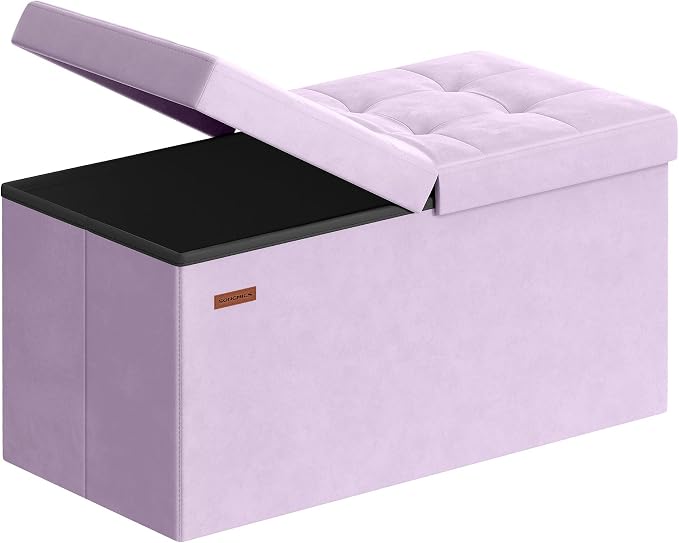 SONGMICS Velvet Storage Ottoman, Folding Storage Bench for Bedroom, Toy Chest, Ottoman Coffee Table, 15 x 29.9 x 15 Inch, Hibiscus Purple, Entryway Shoe Bench, Island Collection ULSF048PE01