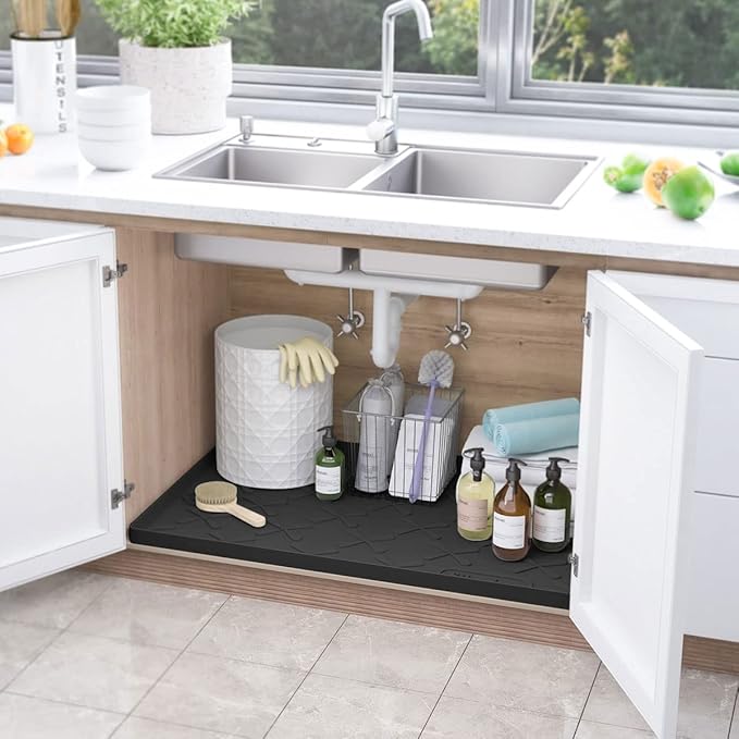 SIKADEER Waterproof Under Sink Mat Food-Grade Kitchen Shelf Liner 22" x 22" | Thick Raised Edge Cabinet Protector, BPA Free Kitchen Organizer and Storage, Non-Slip Dog & Cat Mat, Silicone Drying Mat