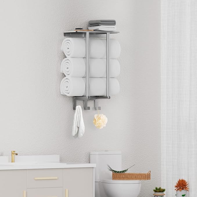 Bethom Towel Racks for Bathroom Wall Mounted with 3 Hooks, Brushed Nickel | Stainless Steel Towel Rack with Shelf, Towel Storage Holder Wall for Large Rolled Towels