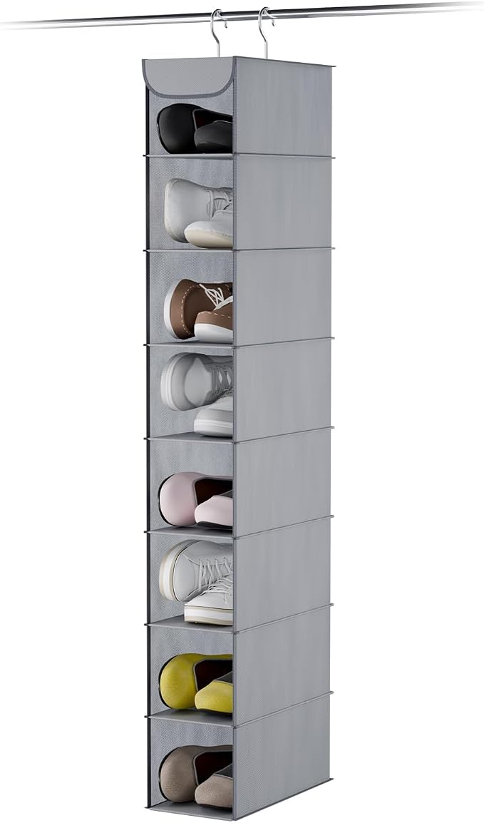 Whitmor Hanging Shoe Organizer, 8 Shelves-Hanging Closet Organizer, Hanging Shoe Rack for Small Closet, Hanging Shelves for Storage Shoes Clothes 11.5" D x 5.5" W x 41" H, Grey