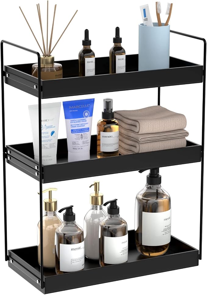 NPPLUS 3 Tier Bathroom Counter Organizer Matte Black Acrylic Tray | Metal Vanity Counter Skincare Shelf, Under Sink Standing Rack, Home Storage Holder For Lotion Makeup Cosmetics Perfume Spice