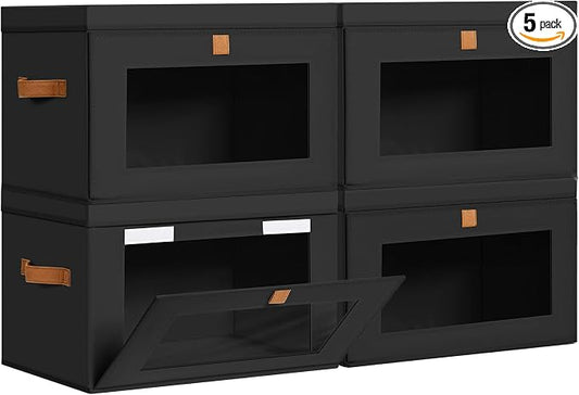 DIMJ Storage Bins with Lids - 4 Pack Large Fabric Closet Organizer with Window & Handles, Collapsible Decorative Storage Boxes for Shelves Under Bed, Books Clothes Blankets Sweaters Organization