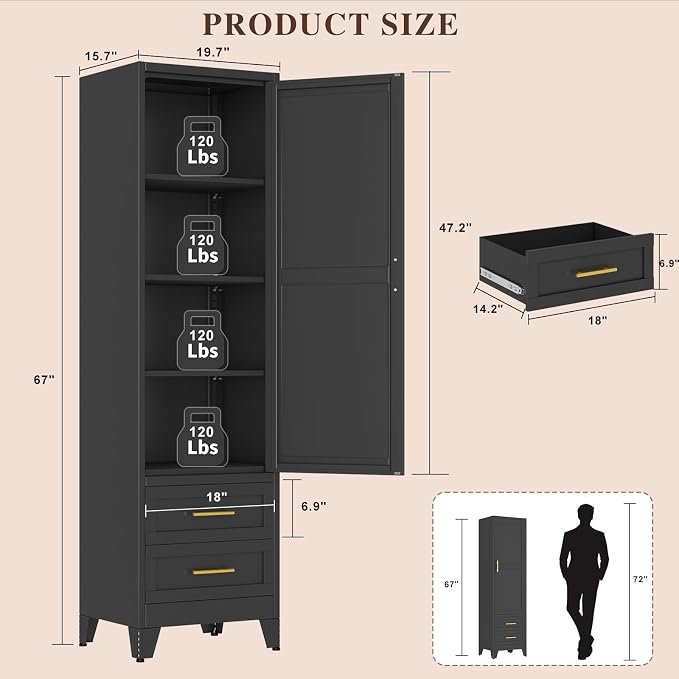 Tall Metal Narrow Storage Cabinet 67" H with 2 Drawer, Black Pantry Cabinets with 3 Adjustable Shelves and Door,Tall Bathroom Cabinet for Kitchen, Home Office, Living Room, Dining Room