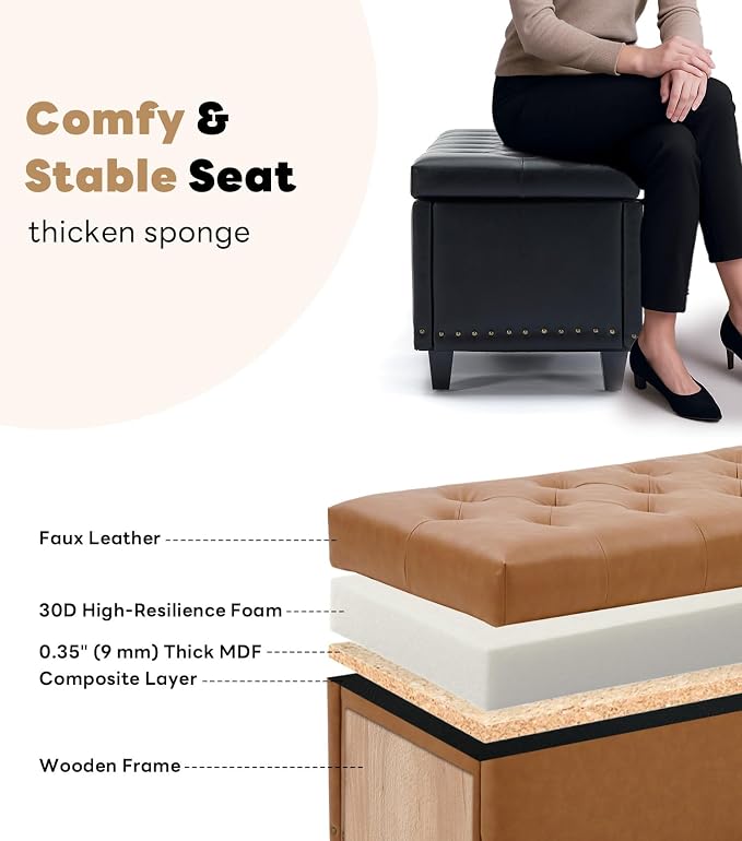 Tbfit 50.8" Large Storage Ottoman Bench with Button-Tufted Top, Blue PU Faux Leather End of Bed Chest with Safety Hinge and Rivets for Bedroom, Living Room (Camel PU)