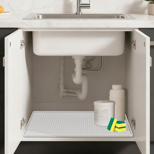 24" x 24" Under Sink Mat for Kitchen Waterproof Raised Edge White | Under Sink Organizer Silicone Mat Sink Protector Silicone Organizers Tray for Kitchen Bathroom
