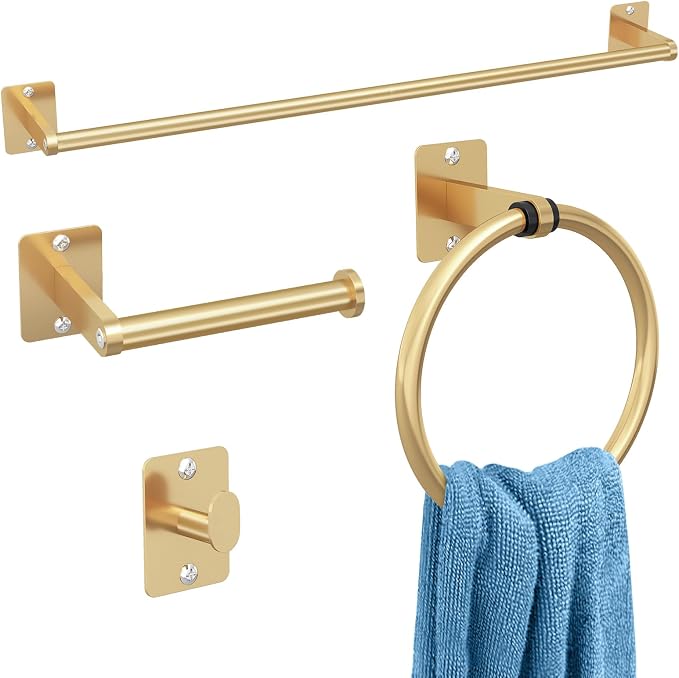 KLJKPA Bathroom Accessories Set, 4-Piece Gold Bathroom Hardware Set | 24 inch Towel Bar, Towel Racks for Bathroom, Robe Towel Hooks, Toilet Paper Holder Wall Mounted
