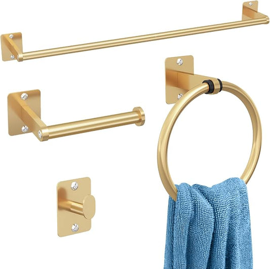 KLJKPA Bathroom Accessories Set, 4-Piece Gold Bathroom Hardware Set | 24 inch Towel Bar, Towel Racks for Bathroom, Robe Towel Hooks, Toilet Paper Holder Wall Mounted