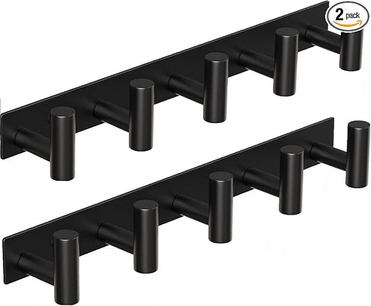 Coat Rack Wall Mounted with 5 Hooks,Heavy Duty Stainless Steel Wall Hooks for Towel Coat Bag, Hat Rack Coat Hanger Coat Hooks Towel Racks for Bathroom Entryway Kitchen Hotel (Black, 2 Packs)
