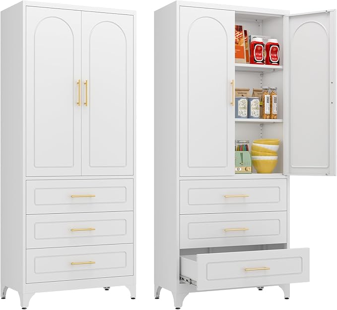 Polup 75" Tall White Metal Pantry Storage Cabinet with 3 Drawers | Heavy-Duty Steel Kitchen Cabinet, 2 Adjustable Shelves & Magnetic Doors, Leveling Feet, for Dining Living Room, Laundry