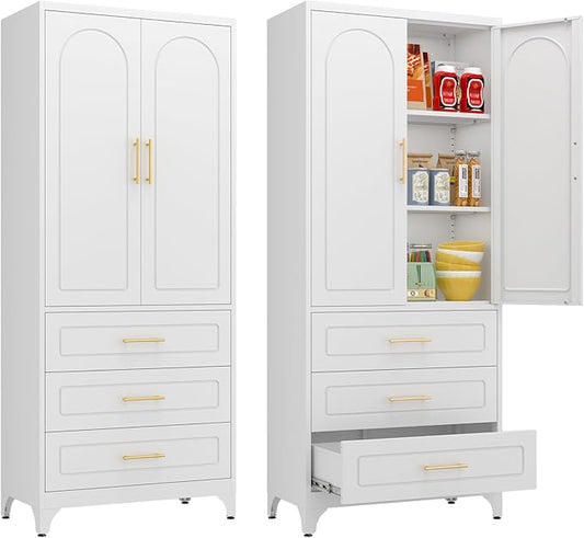 Polup 75" Tall White Metal Pantry Storage Cabinet with 3 Drawers | Heavy-Duty Steel Kitchen Cabinet, 2 Adjustable Shelves & Magnetic Doors, Leveling Feet, for Dining Living Room, Laundry