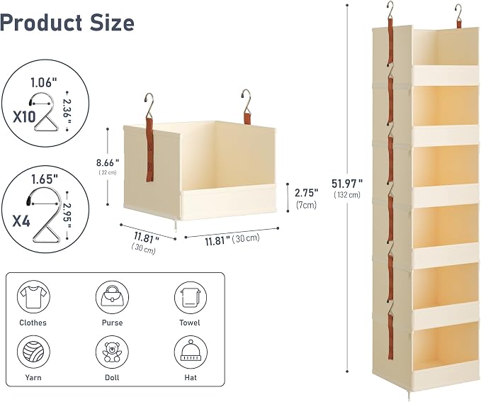 DIMJ Hanging Closet Organizer - 6-Tier Modular Hanging Shelves with Zippers Hooks, Collapsible Baskets for RV, Dorm, Small Spaces, Fabric Storage Bins for Clothes, Handbags