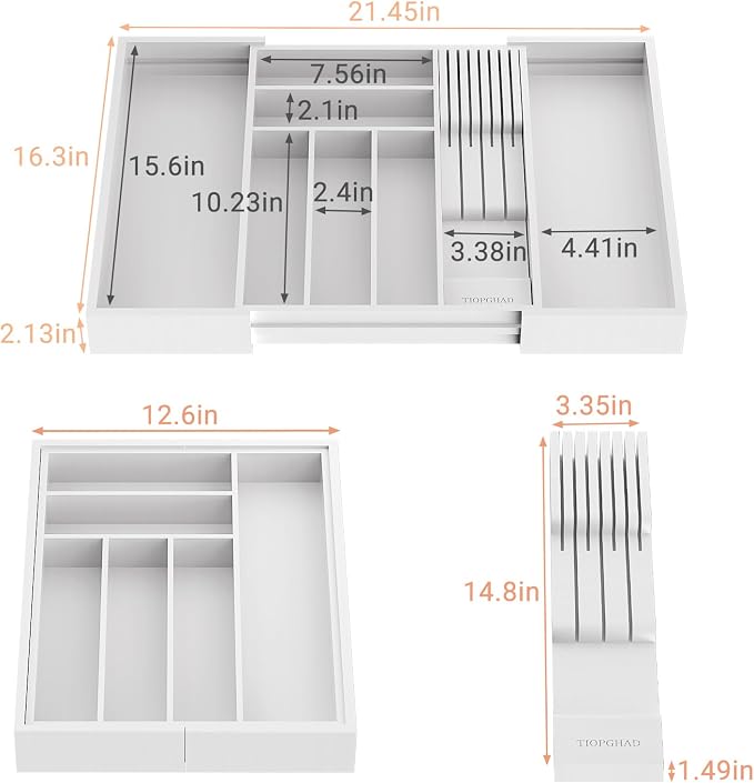 Expandable Bamboo Silverware Drawer Organizer Kitchen Tray, White | Removable Knife Block, Holds 7 Knives, Adjustable Dividers, 12.6-21.45 x 16.3 x 2.13 in, Drawer Insert for Utensils, Forks