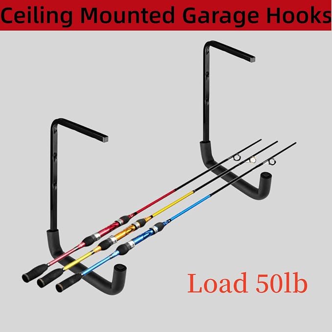 Heavy Duty Garage Storage Hooks, Overhead Garage Storage Rack, 4 Pack Wall Mounted Ladder Hook, Utility Ceiling Hangers & Organizer for Wood,Tools, Bicycle (10 x 14 Inch)