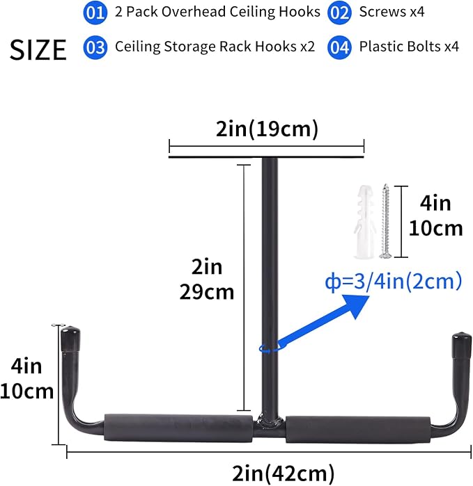 Overhead Garage Storage Hooks, Heavy Duty Utility Hooks Rack Ceiling Mounted for Hanging Bike, Ladder, Lumber, Tools, Hose Pipe Other Bulky Items(2 Pack)