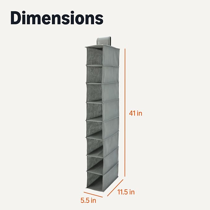 Amazon Basics 8-Tier Hanging Closet Shelf Shoe Organizer, Space Saving Storage, Foldable, 11.5 x 41 x 5.5 in, Dark Grey | for Closet Storage