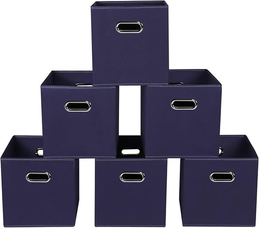 Navy Blue Fabric Storage Bins, 11x11x11, Set of 6, Foldable Cube Bins for Cloth or Accessory Storage