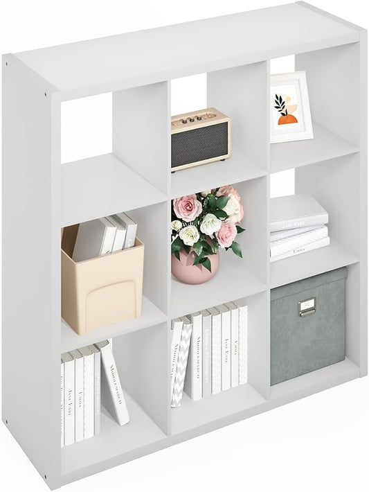 Furinno Simple Cube Storage Organizer, 9-Cube Display Shelf, Open Back Shelving Unit, Storage Shelves, Extra Thick Frame, for Organization and Storage, Living Room, Home Office, White