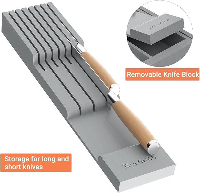 Expandable Bamboo Silverware Drawer Organizer Kitchen Tray, Grey | Removable Knife Block, Holds 7 Knives, Adjustable Dividers, 12.6-21.45 x 16.3 x 2.13 in, Drawer Insert for Utensils, Forks