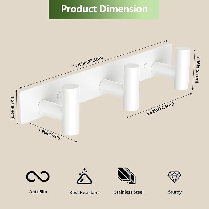 Wall Mounted Coat Rack-3 Hooks, Heavy Duty Stainless Steel Wall Hooks for Towel Coat Bag, Hat Rack Coat Hanger Coat Hooks Towel Racks for Bathroom Entryway Kitchen Hotel Office (White, 1 Pack)