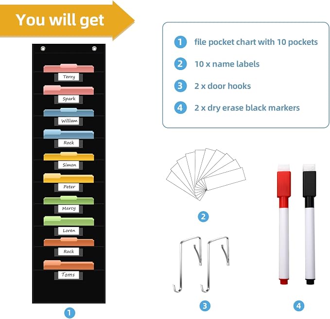 ANCOMEDO 10 Pocket Hanging Wall File Organizer with 10 Nametag Pockets, File Pocket Chart for Classroom and Office. Perfectly Stores Assignments, Files, Scrapbooks, and Documents.