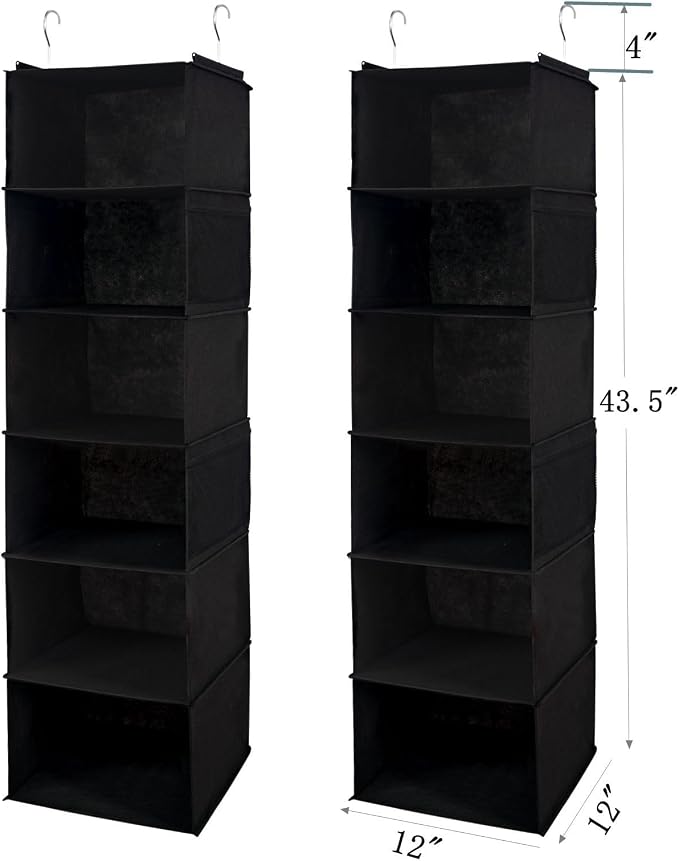 BrilliantJo 6 Shelves Hanging Closet Organizer, 2 Pack Hanging Storage with 4 Side Pockets for Clothes Shoes, 43.5"x12"x12"(Black)