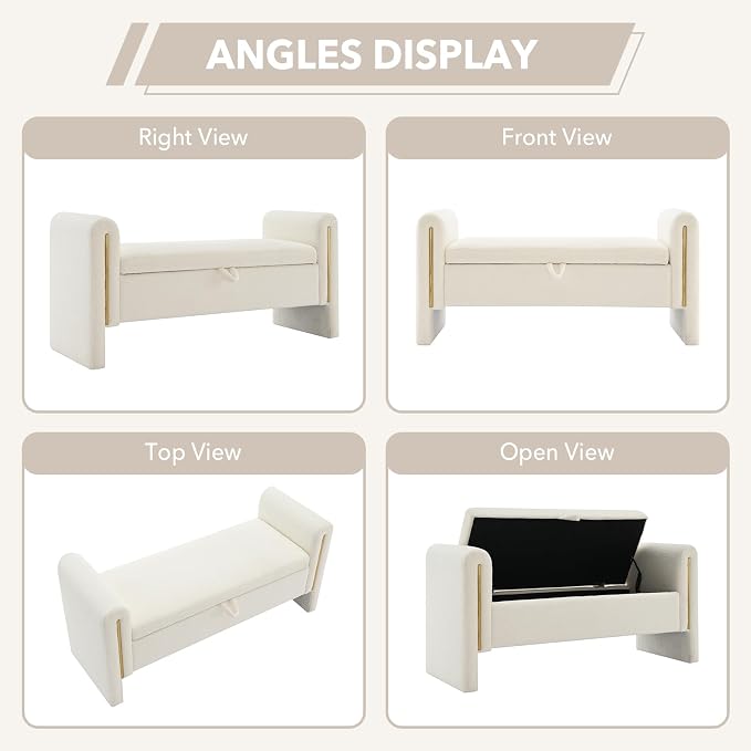52" Flip-Top Storage Ottoman Bench, Teddy Entryway Bench (White) | Teddy Fleece Upholstered End of Bed Bench with Armrests, Soft Padded Window Bench for Living Room Bedroom Entryway