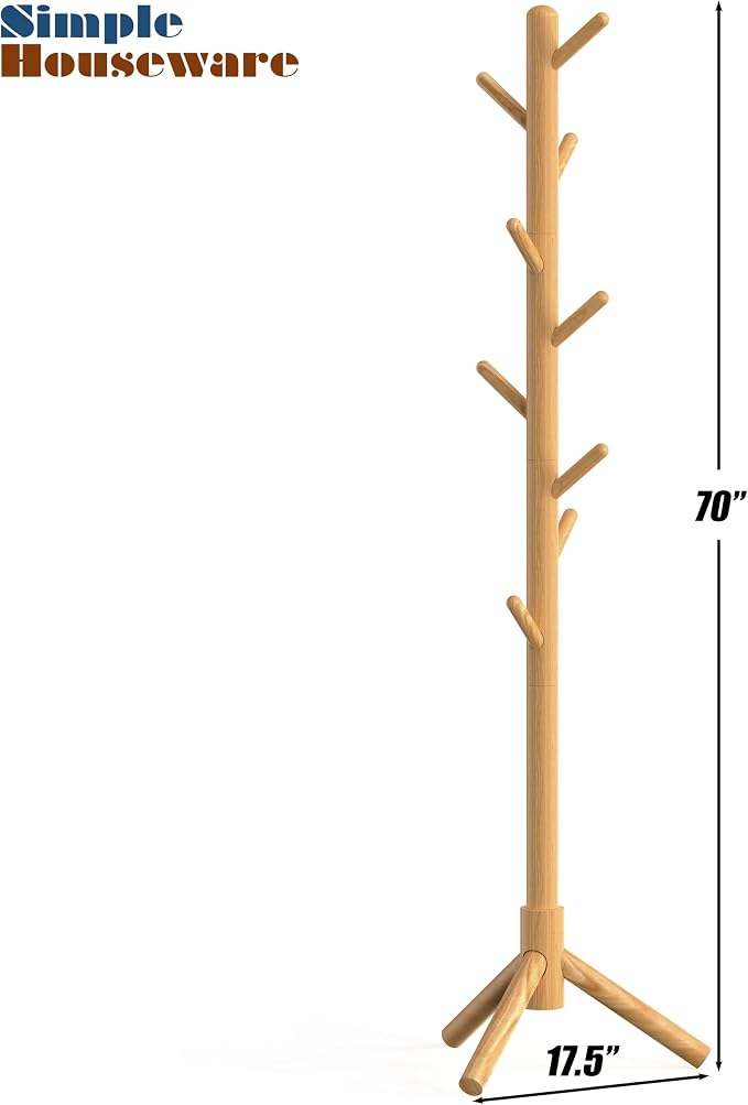 Simple Houseware Wooden Coat Rack Stand, Hall Tree with 9 Hooks, Oak | Adjustable Tree Rack for Entryway, Hallway, Bedroom, Office