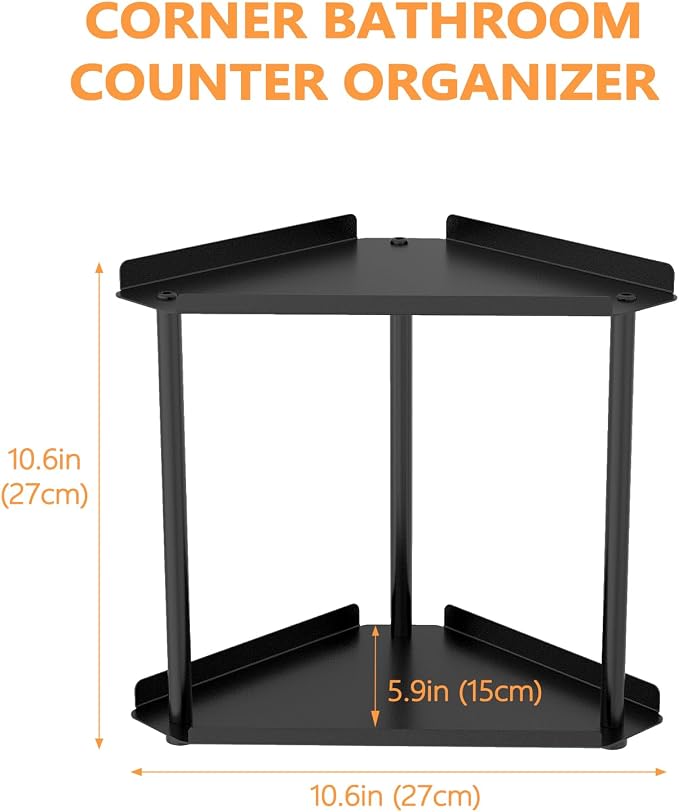 FLE Corner Bathroom Counter Organizer, Bathroom Organizer Countertop Black | 2 Tier Corner Shelf, Tabletop Mount,Waterproof Solid Shelf Fits Bathroom Toiletries and Kitchen Condiment Storage