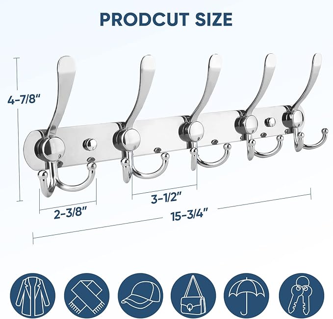 TICONN Wall Mounted Coat Rack, Five Heavy Duty Tri Hooks All Metal Construction for Jacket Coat Hat in Mudroom Entryway (Chrome, 2-Pack)