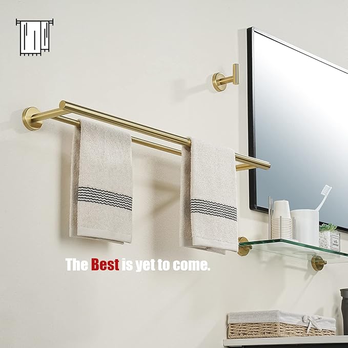 JQK Double Towel Bar 27 Inch, Brass Gold Useable Length 24 Inch 304 Stainless Steel Thicken 0.8mm Bath Towel Rack for Bathroom, Towel Holder Wall Mount, TB100L24-BG