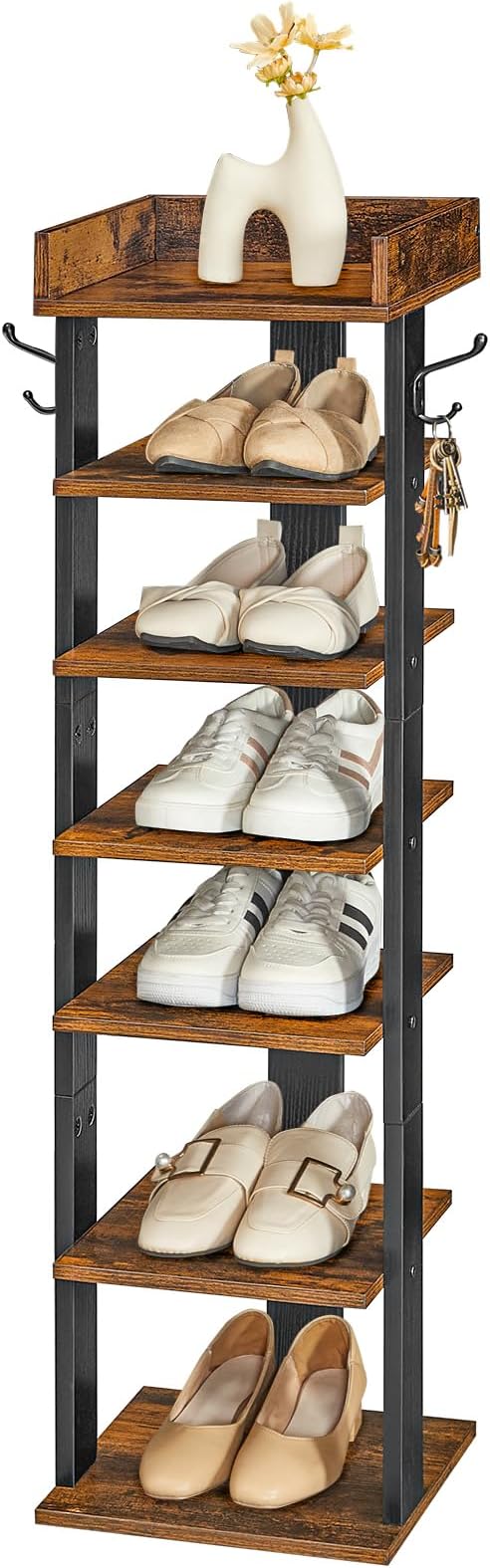 HOOBRO Vertical Shoe Rack for Front Door Entryway, 7 Tier Wooden Shoe Storage Organizer with Hooks, Narrow Shoe Tower for 7 Pairs, Space Saving, for Corner, Closet, Bedroom, Rustic Brown BF61XJ01
