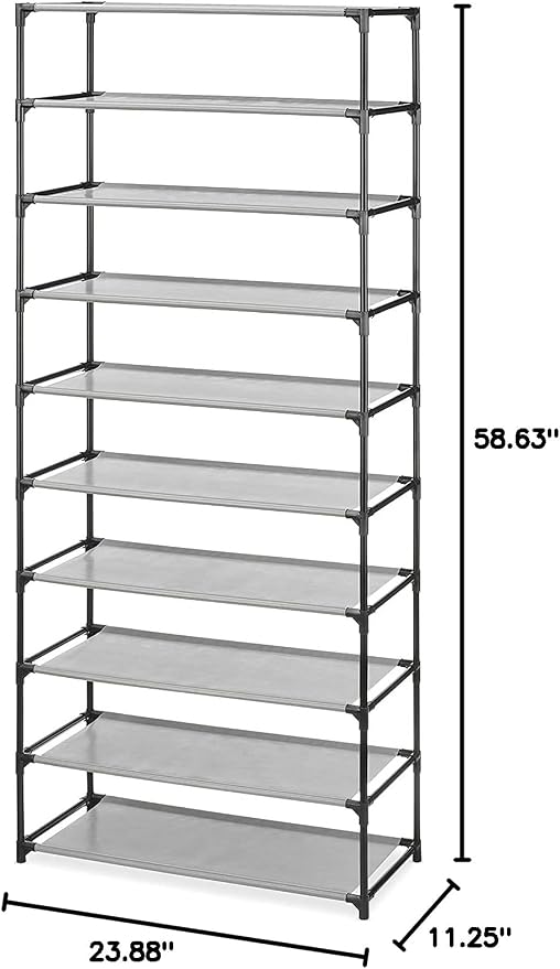 Whitmor Spacemaker 10 Tier Shoe Rack Tower, Tall Metal & Fabric Shoe Shelf Organizer for Entryway, Garage, Holds Shoes, Handbags & Accessories, 12"D×24.5"W×60"H