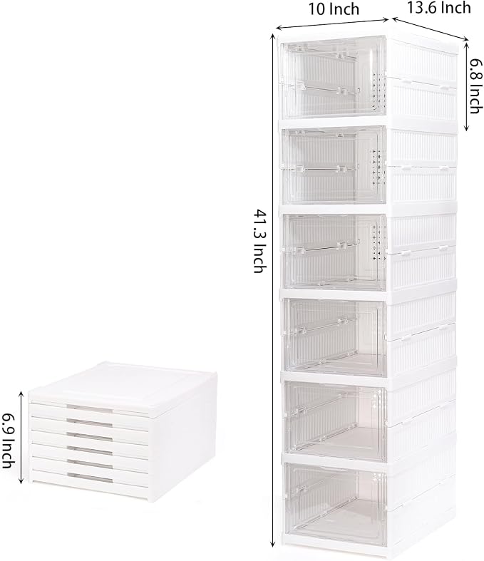 Nicunom Foldable Shoe Rack Organizer, 6-Tier Shoe Storage Box Collapsible Plastic Shoe Shelf Clear Shoe Boxes with Doors, Stackable Shoe Storage Bins Shoe Organizer for Entryway Closet
