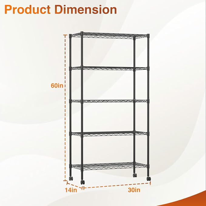 BestOffice | 5-Tier Wire Shelf with Wheels | 14" x 30" x 60" | Black | Storage Shelves with Adjustable Racks, Holds upto 220 lbs | Rust-Resistant, No-Tool Assembly | For Home, Garage
