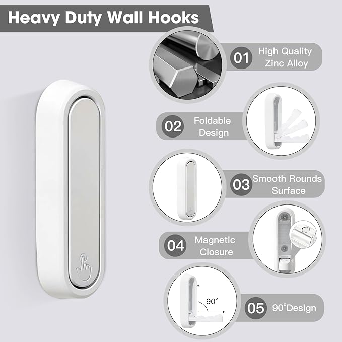 Folding Wall Hooks, 2 Pack, White, Zinc Alloy, Heavy Duty Coat Hooks | 90° Foldable Design, Wall Mounted, Zinc Alloy, Flip-Down Design, Includes Screws And Anchors, For Bedroom, Entryway, Closet
