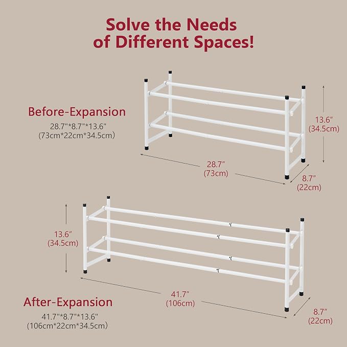 Expandable Shoe Rack for Closet 2 Tier, 28“-41“Stackable, White | Adjustable Shoe Organizer Closet Shoe Rack Floor, Metal Shoe Shelf Storage for Entryway, Closet, Garage, Front Door Entrance