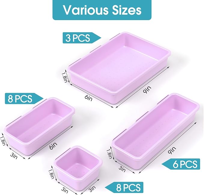 25 PCS Drawer Organizer Set, 4 Size Makeup Drawer Divider Organizer With Non-Slip Pads, Interlocking Plastic Storage Bins for Office,Jewelry Vanity,Gadgets, Bathroom,Kitchen, Purple