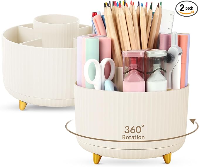 SKYDUE 2 Pack Pen Holder, 360 Degree Rotating Pencil Holder for Desk Organizer, Rotating Desktop Pen Organizer with 5 Slots, Office Supplies, Pencil Cup for Office, School, Home