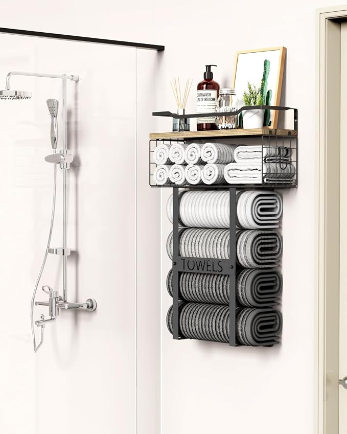 Towel Racks for Bathroom Wall Mounted - Bath Wall Towel Holder Set Above Toilet Storage, Rolled Towel Shelf Organizer for Small Bathroom, Wood Vertical Towel Rack for Bathroom Wall Decor