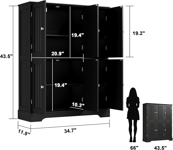 ChooChoo Bathroom Floor Cabinet with 6 Doors and Adjustable Shelves | Modern Bathroom Storage Cabinet, Freestanding Cupboard for Living Room, Black