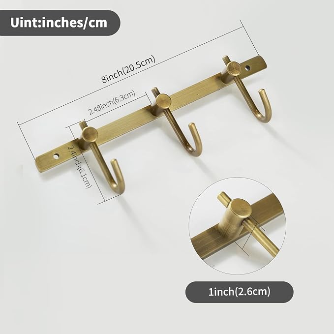 WINCASE Antique Brass Towel Hook Rack, Brushed Wall Hooks with 3 Hooks - Rustic Bath Coat Hook Holders