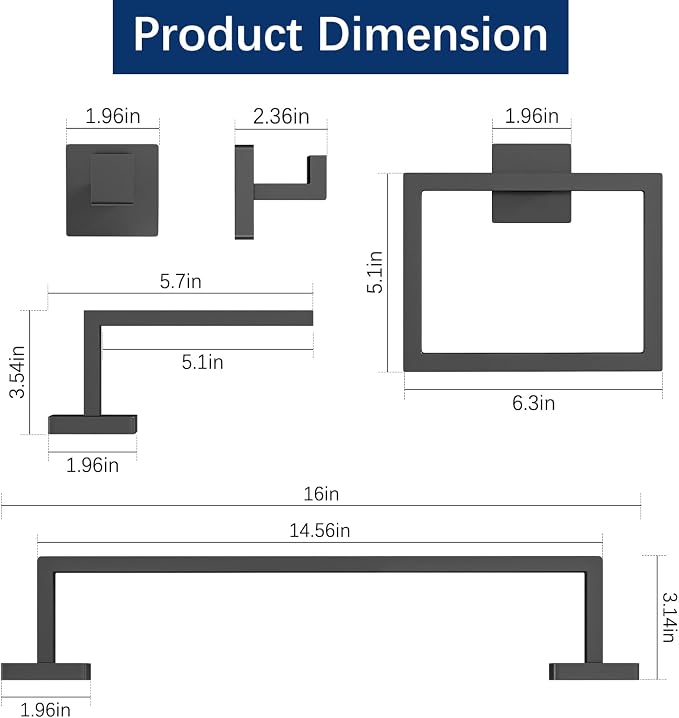 Gypie 5-Piece Bathroom Hardware Accessories Set, Towel Racks for Bathroom Wall Mounted Stainless Steel, Matte Black Towel Bar Set 16In