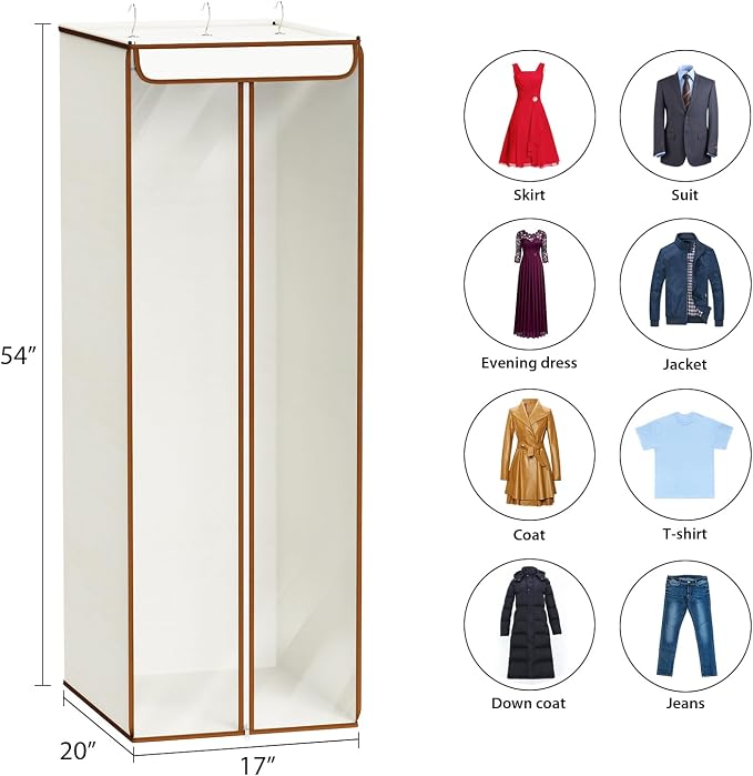 Univivi Garment Bags for Hanging Clothes, Cloth Bag 54 In, 1 PCS, Beige | Large Capacity, Easy Assembly, Clear Window, Dustproof, Durable Zipper, Hanging Garment Storage Bag for Suit, Coat, Dress